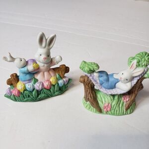 Adorable Set of 2 Miniature Easter Village Ceramic Rabbit Figurines 2" Bunny